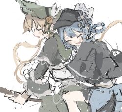  2girls bird_hat_ornament black_capelet black_hat blonde_hair blue_hair blue_skirt bonnet bow braid braided_hair_rings broom broom_riding capelet closed_eyes deerstalker dress flower frilled_capelet frilled_dress frilled_sleeves frills green_bonnet hair_bow hair_flower hair_ornament hair_rings hat hat_bow highres lolita_fashion long_hair long_sleeves mahou_shoujo_no_majo_saiban multiple_girls open_mouth pi1ne2 shirt short_hair simple_background skirt smile spoilers tachibana_sherry tono_hanna twintails white_background white_shirt wide_sleeves wings yuri 