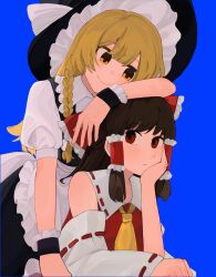  2girls apron arm_on_another's_head ascot black_skirt black_vest blonde_hair blue_background braid commentary_request detached_sleeves hair_ribbon hair_tubes hakurei_reimu hand_rest hat head_rest highres kimi_ni_kimeta_(kub153808) kirisame_marisa long_hair multiple_girls nontraditional_miko red_eyes red_ribbon ribbon shirt short_hair single_braid skirt sleeveless sleeveless_shirt smile touhou vest white_apron white_shirt wide_sleeves witch_hat wrist_cuffs yellow_ascot 