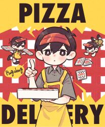  1boy antenna_hair apron bare_arms black_eyes black_hair blush box bright_pupils chibi chibi_inset collared_shirt double-parted_bangs english_text fingernails grey_shirt hair_behind_ear hair_between_eyes hand_up hat holding holding_box index_finger_raised male_focus mitsubachi_koucha official_alternate_costume omori open_mouth parted_lips pizza_box red_hat shirt short_hair short_sleeves simple_background solo straight-on sunny_(gino's)_(omori) sunny_(omori) twitter_username upper_body visor_cap white_pupils yellow_apron 
