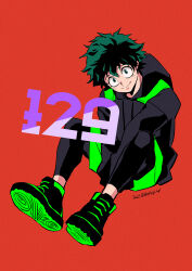  1boy adapted_costume anime_coloring aqua_eyes arms_between_legs between_legs black_hoodie black_leggings black_shoes boku_no_hero_academia canvas_texture celebration closed_mouth colored_shoe_soles commentary_request drawstring freckles full_body green_hair green_shoes hair_between_eyes hand_between_own_legs head_tilt highres hood hood_up hoodie invisible_floor knees_apart_feet_together knees_up leggings looking_at_viewer looking_to_the_side male_focus midoriya_izuku nikaidou_iroha partial_commentary red_background shoe_soles shoes short_hair simple_background sitting sleeves_past_fingers sleeves_past_wrists smile solo split_mouth turning_head twitter_username v_arms 