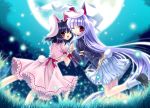  :d animal_ears black_hair blazer bow bunny_ears bunny_tail capura_lin dress frills full_moon grass hand_holding hands_clasped holding_hands inaba_tewi interlocked_fingers lavender_hair long_hair miniskirt moon multiple_girls night open_mouth petticoat pleated_skirt red_eyes reisen_udongein_inaba short_hair skirt smile tail touhou very_long_hair wink 