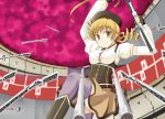  artist_request beret blonde_hair boots corset detached_sleeves drill_hair gun hat magical_girl mahou_shoujo_madoka_magica rifle skirt smile solo source_request thigh-highs tomoe_mami weapon yellow_eyes 