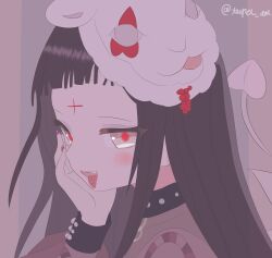  1girl black_hair blunt_bangs bodystocking demon_girl demon_tail demon_wings facial_tattoo highres long_hair looking_at_viewer magical_girl mahou_shoujo_ikusei_keikaku mahou_shoujo_ikusei_keikaku_black mask mask_on_head mephis_pheles open_mouth piercing red_tattoo see-through_clothes solo squinting tail tattoo teepa_aa tongue tongue_out tongue_piercing wings 