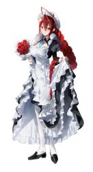 1girl ahoge black_dress black_shoes blue_fire bouquet breasts closed_mouth commentary dress elizabeth_rose_bloodflame english_commentary fire fire_on_chest flower frilled_dress frills full_body hat highres holding holding_bouquet holding_own_dress hololive hololive_english huge_ahoge large_breasts long_hair looking_at_viewer maid meltyrice mob_cap pantyhose red_eyes red_hair rose shoes sidelocks simple_background single_hair_intake smile solo very_long_hair virtual_youtuber white_background white_dress white_pantyhose 