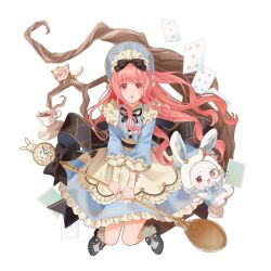  1boy 1girl :o alice's_adventures_in_wonderland alice's_teaspoon_(shining_nikki) alice_(alice_in_wonderland) alice_(alice_in_wonderland)_(cosplay) animal animal_ear_hood animal_ears apron argyle_clothes argyle_socks bare_tree black_bow black_jacket black_ribbon black_shoes blue_bonnet blue_bow blue_bowtie blue_dress blue_vest bonnet bow bowtie brown-framed_eyewear brown_eyes buttons cat cat_boy cat_ears cat_tail cheshire_cat_parade_(shining_nikki) classic_lolita cloak clothed_animal club_(shape) collared_dress commentary cosplay cup dot_nose dress english_commentary eyelashes eyes_visible_through_hair floating_card footwear_ribbon frilled_apron frilled_dress frilled_headwear frilled_socks frills hair_bow hair_through_headwear heart highres holding holding_spoon hood hood_up hooded_cloak jacket kemonomimi_mode kneehighs large_bow loen_(shining_nikki) lolita_fashion long_hair long_sidelocks long_sleeves momo_(nikki) monocle neck_ribbon nikki_(nikki) nikki_(series) official_alternate_costume open_mouth oversized_spoon pink_hair playing_card_print pocket_watch print_apron puffy_long_sleeves puffy_sleeves rabbit rabbit_ears reean ribbon round_eyewear saucer shining_nikki shoes short_dress sidelocks socks spade_(shape) spoon striped_bow tail tareme tea teacup teaspoon tree very_long_hair vest watch wavy_hair white_apron white_background white_cat white_cloak white_rabbit_(alice_in_wonderland) white_rabbit_(alice_in_wonderland)_(cosplay) white_socks 