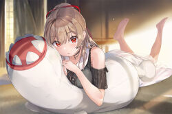  1girl bare_shoulders barefoot black_choker black_shirt body_pillow breasts brown_hair character_pillow choker clothing_cutout commentary contrast_collar curtains earrings feet_up furen_e_lustario furen_e_lustario_(2nd_costume) hair_between_eyes hair_ribbon indoors jewelry khezu large_breasts long_hair looking_at_viewer lying monster_hunter_(series) nijisanji on_stomach parted_lips pillow ponytail red_eyes red_ribbon ribbon shirt shoulder_cutout skirt soles toes virtual_youtuber virus_(obsession) white_skirt window 