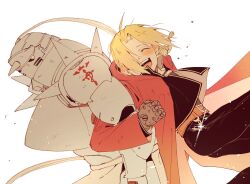  2boys 3bivl alphonse_elric amestris_military_uniform armor belt belt_buckle black_jacket black_pants blonde_hair blush breastplate brothers brown_belt buckle closed_eyes coat cowboy_shot curtained_hair dutch_angle edward_elric floating_hair fullmetal_alchemist hair_over_one_eye helmet highres hood hood_down hooded_coat jacket living_armor locked_arms looking_to_the_side male_focus military_uniform multiple_boys one_eye_covered open_clothes open_coat open_mouth pants red_coat siblings sideways_glance sparkle spiked_armor spikes teeth tongue upper_teeth_only white_background yellow_eyes 