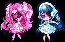  2girls alien_stage ankle_scrunchie bandana black_background black_hair bow chest_bow chibi chibi_only commentary dress dress_bow english_commentary gloves hair_bow headset heart highres lilbpeach microphone mizi_(alien_stage) mizi_(zombie_stage) multiple_girls multiple_hair_bows pink_bow pink_dress pink_hair pink_scrunchie pink_shoes scrunchie shoes strapless strapless_dress sua_(alien_stage) sua_(zombie_stage) two_side_up violet_eyes white_bandana white_bow white_dress white_gloves white_shoes zombie_stage 