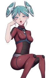  1girl akanbe aqua_eyes aqua_hair bodysuit commentary_request eyelashes eyelid_pull finger_to_face hair_bun hair_ornament haniwa_(amesi_su) highres inazuma_eleven inazuma_eleven_(series) looking_at_viewer maquia multicolored_hair red_bodysuit short_sleeves sidelocks sitting solo tongue tongue_out two-tone_hair white_background white_hair 