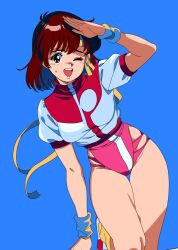  1girl arm_warmers bare_legs blue_background brown_hair clothing_cutout hand_on_own_forehead hand_up headband highres hip_vent leg_warmers leotard leotard_under_clothes looking_at_viewer medium_hair pink_leotard shimadai587779 shirt socks solo takaya_noriko thighs top_wo_nerae! top_wo_nerae!_(series) white_shirt yellow_socks 
