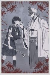  1boy 1girl absurdres blood blood_from_eyes blood_on_face bob_cut border candle chinese_commentary closed_mouth commentary_request feet_out_of_frame flower fox_mask fox_mask_(silent_hill) from_side greyscale hakama hakama_skirt hand_on_own_arm haori highres holding holding_lead_pipe holding_weapon injury japanese_clothes kimono kneehighs lead_pipe long_hair long_sleeves looking_at_another mask medium_skirt middle_ring monochrome motoyui nai_gai_hongcha neckerchief parted_lips pleated_skirt ponytail red_flower school_uniform serafuku shimizu_hinako silent_hill_(series) silent_hill_f skirt socks spider_lily tassel torn_clothes torn_sleeves weapon white_border wide_sleeves 