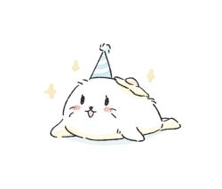  :d animal_focus artist_self-insert blue_hat blush blush_stickers commentary_request food food_on_head fried_egg hat no_humans object_on_head open_mouth original party_hat porari porari_(character) seal_(animal) simple_background smile sparkle white_background 
