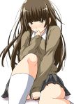  1girl amagami blush brown_hair covering covering_crotch covering_face covering_mouth kamizaki_risa long_hair pleated_skirt school_uniform shouji_2 skirt skirt_tug solo tears 