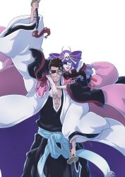  1boy 1girl abs absurdres arm_up arms_around_neck beard_stubble black_hakama bleach bleach:_sennen_kessen-hen blunt_bangs brown_eyes brown_hair cheekbones chest_hair commentary drill_hair dual_wielding english_commentary eyepatch facial_hair green_eyes hair_slicked_back hakama haori highres holding holding_sword holding_weapon japanese_clothes katen_kyoukotsu katen_kyoukotsu_(shikai) kyouraku_shunsui mature_male parted_lips pectoral_cleavage pectorals purple_hair purple_lips shihakusho skull_and_crossbones sonzhondaya stubble sword taichou_haori twin_drills weapon wide_sleeves 