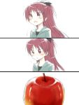  blush food fruit hana_azuki holding holding_apple holding_fruit long_hair mahou_shoujo_madoka_magica ponytail red_eyes red_hair redhead sakura_kyouko 
