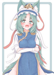  1girl absurdres adapted_costume alternate_hair_length_(longer) animal_ear_fluff animal_ears blush breasts bright_pupils china_dress chinese_clothes commentary covered_navel crossed_arms dress epaulettes frilled_hat frills green_eyes green_hair groin hat highres hirokazukaku long_hair long_sleeves looking_at_viewer open_mouth shiki_eiki short_eyebrows simple_background solo touhou untranslatable_commentary very_long_hair white_background white_pupils 
