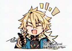  1boy :d ^_^ aqua_coat armor artist_name black_coat black_shirt blonde_hair chibi chibi_only closed_eyes coat commentary cropped_torso dated fur-trimmed_coat fur_trim gauntlets genshin_impact hair_between_eyes hand_up happy lapels male_focus naho_(pi988y) notice_lines open_clothes open_coat open_mouth parted_bangs pauldrons scar scar_on_cheek scar_on_face shirt short_hair shoulder_armor signature simple_background single_pauldron smile solo thumbs_up twitter_username untranslatable_commentary upper_body varka_(genshin_impact) watermark white_background 