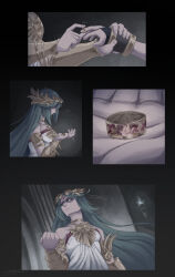  ... 1boy 1girl absurdres armlet chain circlet clenched_hand english_commentary expressionless gold_armlet gold_chain green_hair highres holding holding_jewelry holding_ring jewelry kid_icarus kid_icarus_uprising lunarjaguar palutena pendant pit_(kid_icarus) ring shaded_face 