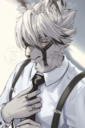  1boy adjusting_clothes adjusting_necktie animal_ears black_necktie body_fur closed_mouth commentary_request furry furry_male highres janome_yuiwa looking_at_viewer male_focus multicolored_hair necktie red_eyes shirt short_hair simple_background solo upper_body von_lycaon watermark white_background white_fur white_hair white_shirt wolf_boy wolf_ears zenless_zone_zero 