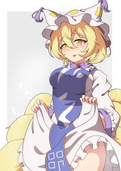  1girl absurdres animal_hat ayuyu_yuka03 blonde_hair blue_tabard border breasts commentary_request cowboy_shot dot_nose dress fox_girl fox_tail frilled_dress frills gold_trim grey_background hair_between_eyes hat highres holding_own_dress kitsune kyuubi large_breasts light_blush long_sleeves mob_cap multiple_tails open_mouth outside_border short_hair simple_background solo standing tabard tail touhou translation_request white_background white_border white_dress yakumo_ran yellow_eyes 