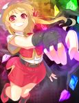  alternate_costume alternate_wings belt blonde_hair crystal face fingerless_gloves flandre_scarlet foreshortening gloves grin hands hat kinniku1234 red_eyes short_hair side_ponytail smile solo touhou wings 