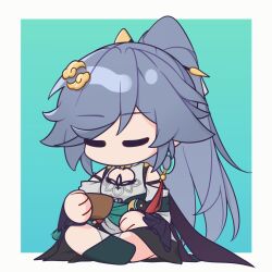  1girl aqua_background border bowl china_dress chinese_clothes chinese_commentary closed_eyes commentary commentary_request deformed dress fu_hua fu_hua_(azure_empyrea) grey_hair hair_ornament hair_stick high_ponytail highres holding holding_bowl honkai_(series) honkai_impact_3rd long_hair outside_border ponytail sitting solo white_border zhishiyizhishilaimu 