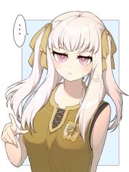 ... 1girl alternate_costume alternate_hairstyle blush bow breasts closed_mouth fire_emblem fire_emblem:_three_houses frown gym_uniform hair_bow highres long_hair looking_at_viewer lysithea_von_ordelia minto71311 pink_eyes shirt simple_background sleeveless sleeveless_shirt small_breasts solo spoken_ellipsis sweatdrop upper_body white_hair workout_clothes yellow_bow yellow_shirt 