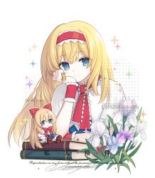  1girl alice_margatroid alternate_hair_length_(longer) arm_rest blonde_hair blue_dress blue_eyes blue_flower book capelet closed_mouth commission cuivre dress flower hairband hand_on_own_chin highres long_hair mihuashi_commission purple_flower red_hairband red_wrist_cuffs shanghai_doll smile solo sparkle touhou watermark white_background white_capelet white_flower wrist_cuffs 