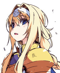  1girl alice_zuberg armor blonde_hair blue_armor blue_cape blue_eyes blue_jacket braid braided_ponytail breastplate cape commentary_request from_side gold_armor hair_intakes hairband jacket light_blush long_hair long_sidelocks looking_at_viewer looking_to_the_side open_mouth pauldrons portrait shikei shoulder_armor sidelocks simple_background solo sword_art_online sword_art_online:_alicization two-tone_armor white_background white_hairband white_trim 