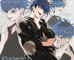  1boy artist_name black_hair blue_eyes blue_hair blush commentary earrings eye_print eyepatch face_piercing fang hand_on_own_arm hand_on_own_face haori highres jacket japanese_clothes jewelry kimono licking licking_finger licking_own_finger looking_at_viewer makeup male_focus multicolored_hair multiple_views omokage_yugamu piercing print_eyepatch short_hair simple_background smile the_hundred_line_-last_defense_academy- untranslatable_commentary yoshihumi442313 