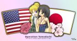  2girls america blonde_hair blue_eyes flag flower japan japanese_clothes kimono multiple_girls murakami_senami operation_tomodachi pixiv ponytail skirt 