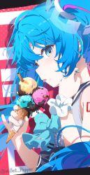  1girl blue_eyes blue_hair bow bowtie commentary food hair_ornament hatsune_miku highres ice_cream millet_pepper multiple_scoops scrunchie sleeveless solo tongue tongue_out twintails vocaloid wrist_scrunchie 