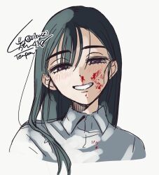  1girl alien_stage black_hair blood blood_on_face blush collared_shirt commentary cropped_shoulders english_commentary half-closed_eyes highres jikasei long_hair nosebleed shirt signature smile solo sua_(alien_stage) sua_(zombie_stage) violet_eyes white_background white_shirt zombie_stage 