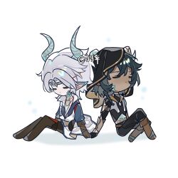  2boys angert_(infinity_nikki) aqua_horns artist_name belt black_cloak black_hair black_pants blue_tunic boots braid brown_belt brown_boots brown_gloves brown_ribbon chibi chinese_commentary circlet cloak closed_eyes coat collarbone commentary_request cropped_shirt crossed_legs dark-skinned_male dark_skin dragon_boy dragon_horns elbow_gloves expressionless gloves hair_between_eyes hair_ornament heads_together highres hood hood_up hooded_cloak horn_ornament horn_ribbon horns horns_through_headwear infinity_nikki jewelry knees_up light_particles long_hair long_sleeves meghill_(infinity_nikki) midriff multiple_boys necklace nikki_(series) official_alternate_costume pants parksolian_(infinity_nikki) parted_lips puffy_long_sleeves puffy_sleeves ribbon shadow shirt side_braid simple_background single_braid sitting sleeveless sleeveless_coat spoilers thigh_boots tunic white_background white_coat white_shirt yufeizhiyan 