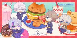  4boys :d :q ^_^ ahoge arm_up bacon black_choker black_hoodie black_pants black_shoes black_shorts blue_eyes blush border brown_hair burger character-themed_food cherry chibi chibi_only chicken_nuggets choker closed_eyes closed_mouth commentary_request crossed_bangs cup dark-skinned_male dark_skin disposable_cup doughnut drinking_straw ear_piercing earrings fang food food_on_face fork french_fries fruit fuwa_minato fuwacchi_cruller green_eyes green_shirt grey_hair grid_border hair_between_eyes hair_over_shoulder hand_in_pocket highres holding holding_food holding_fork hood hood_down hoodie ibrahim_(nijisanji) jewelry kanae_(nijisanji) ketchup kneeling kuzuha_(nijisanji) lettuce licking_lips long_hair looking_at_another low_ponytail male_focus maple_syrup maracas_ghost milkshake mini_person miniboy mole mole_under_eye multicolored_eyes multicolored_hair multiple_boys necklace nijisanji open_clothes open_mouth open_shirt outside_border pancake pants piercing pink_streaks plate pointy_ears ponytail purple_streaks receipt red_border roto_(kanae) shirt shoes short_hair short_sleeves shorts sitting smile soda standing streaked_hair stud_earrings syrup tongue tongue_out two-tone_eyes violet_eyes virtual_youtuber watermark white_hair white_shirt white_shoes yanagi_(sham0o081) 