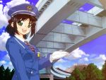  :d black_hair glasses gloves green_eyes hat open_mouth railroad_tracks short_hair smile tessai tetsudou_musume tokyo_big_sight train train_attendant uniform 