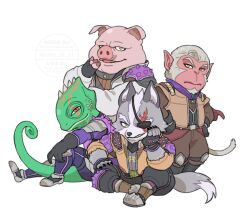  4boys andrew_oikonny animal_ears chameleon_boy chameleon_tail chibi chibi_only claws closed_mouth commentary eyepatch fangs furry furry_male grey_fur grin leon_powalski looking_at_viewer male_focus mito_31_31 monkey_boy monkey_tail multiple_boys open_mouth pig_boy pig_ears pig_nose pigma_dengar scar scar_across_eye scar_on_face smile star_fox star_fox_(2026) tail untranslatable_commentary white_background white_fur wolf_boy wolf_ears wolf_o'donnell wolf_tail 