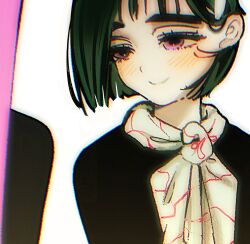  2girls alien_stage black_hair blush bob_cut commentary highres looking_at_another mizi_(alien_stage) multiple_girls pink_hair s8omn1a scarf smile solo_focus sua_(alien_stage) thick_eyebrows white_scarf 