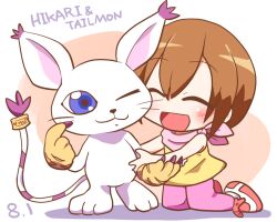  1girl :3 :d ^_^ blue_eyes blush brown_hair character_name chibi chibi_only child closed_eyes closed_mouth commentary_request digimon digimon_(creature) double-parted_bangs full_body hair_between_eyes kneeling neckerchief one_eye_closed open_mouth orange_background pants pink_neckerchief pink_pants red_shoes rokugou_daisuke shirt shoes short_hair sleeveless sleeveless_shirt smile tailmon yagami_hikari yellow_shirt 