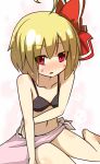  ahoge bare_shoulders bikini blonde_hair blush bow collarbone earlgrey flat_chest from_above hair_bow hair_ribbon navel no_nose red_eyes ribbon rumia sarong short_hair sitting solo swimsuit the_embodiment_of_scarlet_devil touhou youkai 