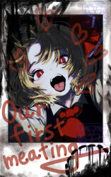  1girl ascot blonde_hair bright_pupils commentary_request english_text hair_ribbon heart looking_at_viewer m24kikuchiyo open_mouth polaroid_photo reaching reaching_towards_viewer red_ascot red_eyes red_ribbon ribbon rumia short_hair solo teeth tongue touhou upper_body upper_teeth_only white_pupils 
