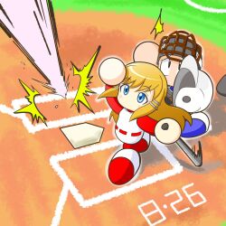  1boy 1girl baseball_base baseball_bat baseball_helmet baseball_uniform black_eyes blue_eyes blue_shoes brown_hair catcher's_mask catcher_(baseball) commentary_request dated drilljapan from_above helmet highres holding holding_baseball_bat jikkyou_powerful_pro_yakyuu jikkyou_powerful_pro_yakyuu_(style) long_hair multicolored_shirt multicolored_shoes no_mouth oozora_miyoko playing_sports power_pro-kun rayman_limbs red_shirt red_shoes sanpaku shirt shoes sportswear swinging_baseball_bat two-tone_shoes unworn_headwear white_shirt white_shoes 
