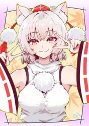  1girl absurdres animal_ears blush breasts closed_mouth commentary_request double_v fang grey_hair hat highres inubashiri_momiji pom_pom_(clothes) red_eyes red_hat ribbon-trimmed_sleeves ribbon_trim skin_fang solo souma_sora tokin_hat touhou upper_body v wolf_ears wolf_girl 