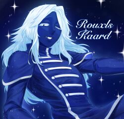  1boy bishounen blue_eyes blue_skin character_name colored_skin deltarune highres long_hair long_sleeves looking_at_viewer rizvague rouxls_kaard smile solo utdr_(toby_fox) white_hair 