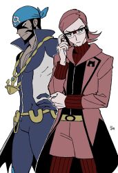  2boys anchor_necklace archie_(pokemon) bandana belt black_hair black_shirt black_trim blue_bandana blue_bodysuit bodysuit closed_mouth coat dark-skinned_male dark_skin facial_hair frown goatee high_collar highres jewelry lapels long_sleeves looking_to_the_side male_focus maxie_(pokemon) medium_hair multiple_boys necklace pants parted_hair pokemon pokemon_omega_ruby_and_alpha_sapphire potatomaniaaa red_hair red_pants red_shirt red_shorts shirt short_hair shorts sideways_glance sideways_mouth simple_background standing turtleneck white_background zipper 