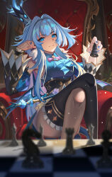  1girl absurdres aqua_eyes aqua_hair armpits asymmetrical_legwear bishop_(chess) black_thighhighs blue_shirt breasts cerydra_(honkai:_star_rail) chess_piece closed_mouth collared_shirt commentary_request crossed_legs crown diamond-shaped_pupils diamond_(shape) hair_intakes highres holding holding_chess_piece honkai:_star_rail honkai_(series) jewelry jiang_wu_(user_wewj7328) knight_(chess) long_sleeves looking_at_viewer medium_breasts multicolored_hair ring rook_(chess) scepter shirt single_thighhigh sleeveless sleeveless_shirt solo symbol-shaped_pupils thigh-highs tilted_headwear white_hair wide_sleeves 