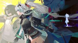  2girls animal_ears aqua_cape arcane_(arknights) arknights arknights:_endfield bird_ears bird_girl black_cape black_coat black_gloves black_hair black_mask blindfold_mask blue_eyes cape closed_mouth coat endministrator_(arknights) female_endministrator_(arknights) from_side gloves grey_hair head_wings highres kaido_jun long_hair long_sleeves mask multicolored_gloves multiple_girls open_clothes open_coat ponytail profile red_gloves short_hair smile sweater thigh-highs two-sided_cape two-sided_fabric two-sided_gloves two-tone_cape two-tone_gloves white_sweater wings 