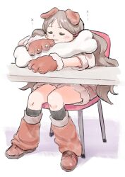  1girl :3 absurdres animal_ears animal_hands blonde_hair brown_shoes brown_sweater cartoon_bone chair closed_eyes closed_mouth dog_ears dog_girl fluffy_hair fur-trimmed_gloves fur-trimmed_shorts fur-trimmed_sweater fur_trim gloves golem_udon handa_roco head_rest highres idolmaster idolmaster_million_live! kneehighs long_hair loose_socks low_twintails official_alternate_costume parted_bangs paw_gloves shoes shorts sitting sleeping smile socks solo sweater table twintails very_long_hair wanwan_wonderful_(idolmaster) white_background 