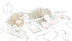  1girl arai_youjirou bare_legs barefoot bed_sheet between_legs brown_dress brown_hair closed_eyes crossed_ankles dated dress full_body hair_spread_out hand_between_own_legs head_on_arm head_rest lying medium_hair notebook on_side original pale_colors paper parted_lips shirt short_sleeves sidelighting sleeping solo spaghetti_strap speech_bubble u_u white_background white_shirt 