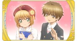  1boy 1girl antenna_hair book border brown_hair cardcaptor_sakura christmas frown green_eyes hand_up holding holding_book kinomoto_sakura li_syaoran necktie official_art open_mouth ornate_border pink_background school_uniform short_hair smile snowflake_background sweatdrop tomoeda_middle_school_uniform white_necktie yellow_eyes 